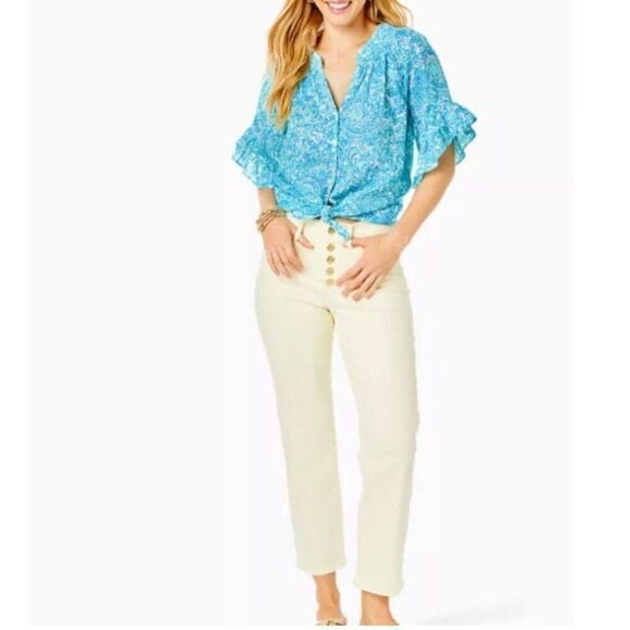Lilly Pulitzer South Ocean High Rise Straight Leg Lemon Meringue Jean NWT Size 6 - Picture 1 of 8